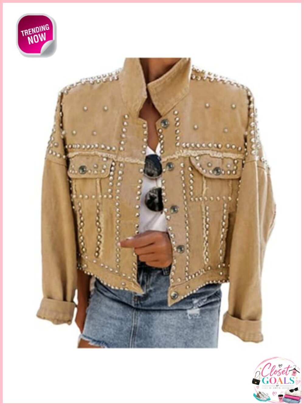 Omoone Studded Denim Jacket Frayed Cropped Western Trucker Coat